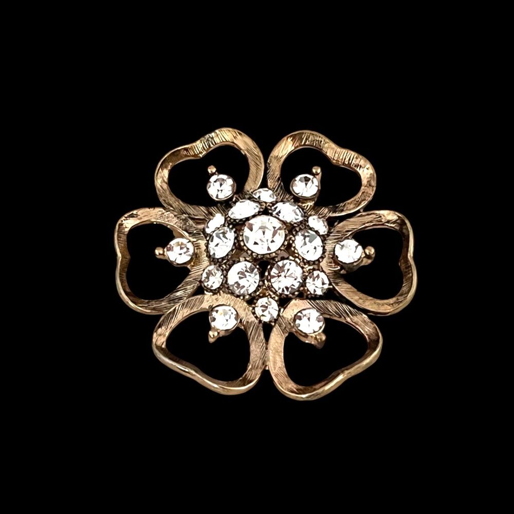 Vintage 1980s Rhinestone Flower Brooch Gold Tone  - 1K